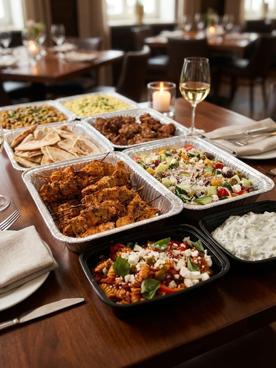 Variety catering spread with salads, proteins, and sides